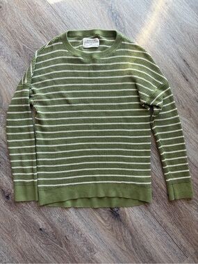 REI Co-Op Walace Lake Waffle Knit Cotton Olive Green Striped Crewneck Sweater M